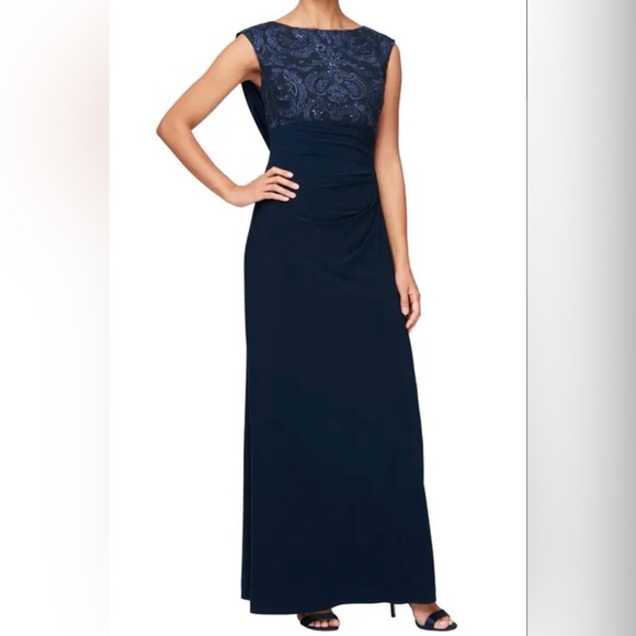 Alex Evenings Sequin Floral Bodice Cowl Back Gown in Navy at Nordstrom, Size 10 - Picture 1 of 5